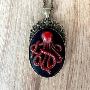 Black and Red Victorian Style Octopus Cameo Handmade Necklace, NWT
